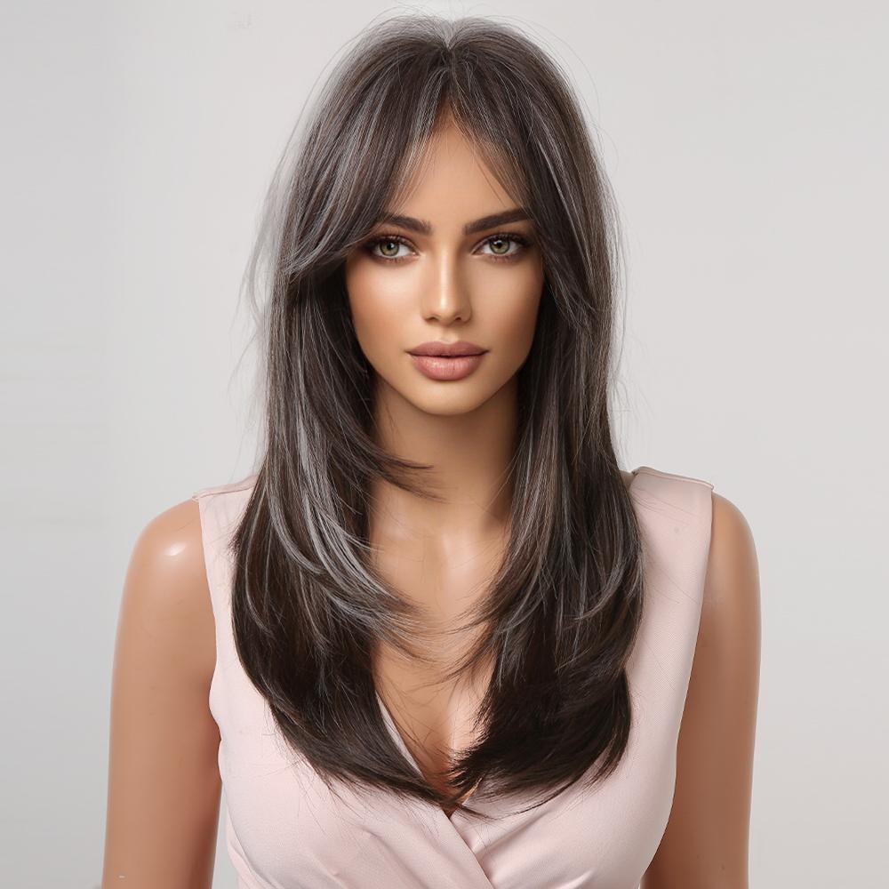 Long Gray Highlights Brown Synthetic Hair Wigs with Bangs Straight Daily Wig