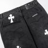 CHROME HEARTS Herren Schwarze Denim Shorts mit Weißen Kreuz-Aufnähern Baggy Streetwear Jorts
