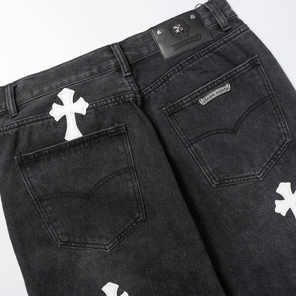 CHROME HEARTS Herren Schwarze Denim Shorts mit Weißen Kreuz-Aufnähern Baggy Streetwear Jorts