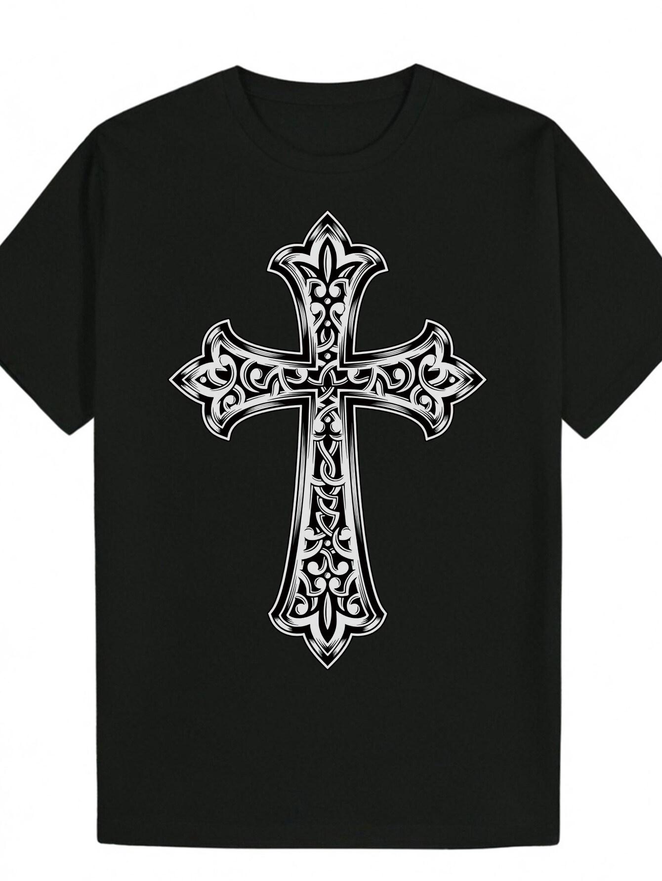 Crew Neck Polyester T-shirt - Ethnic Style with Intricate Cross Design XXXXL