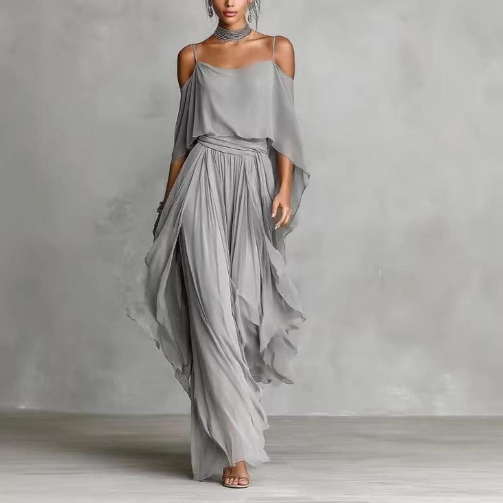 Damen schulterfreies Chiffon-Top mit weitem Hosenanzug Grau Unregelmäßiges Mode-Outfit für Crossbody