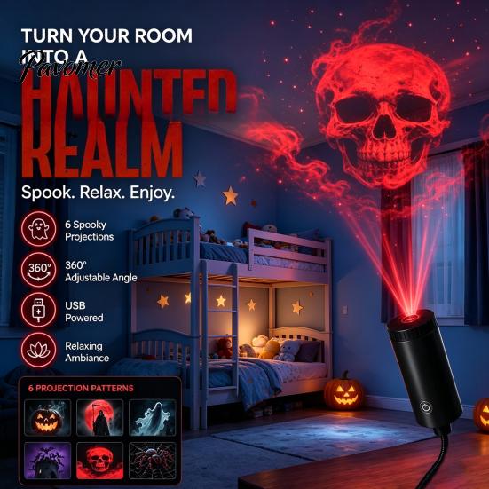 Bedroom Ceiling Projector Halloween Night Light Projector, 6 Horror Projection Discs, 360-degree Adjustment, USB Festive Room Lighting Powered