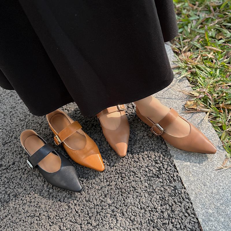 Johnature Retro Mary Jane Pointed Toe Women's Shoes Versatile Genuine Leather Soft Soled Flat Shoes