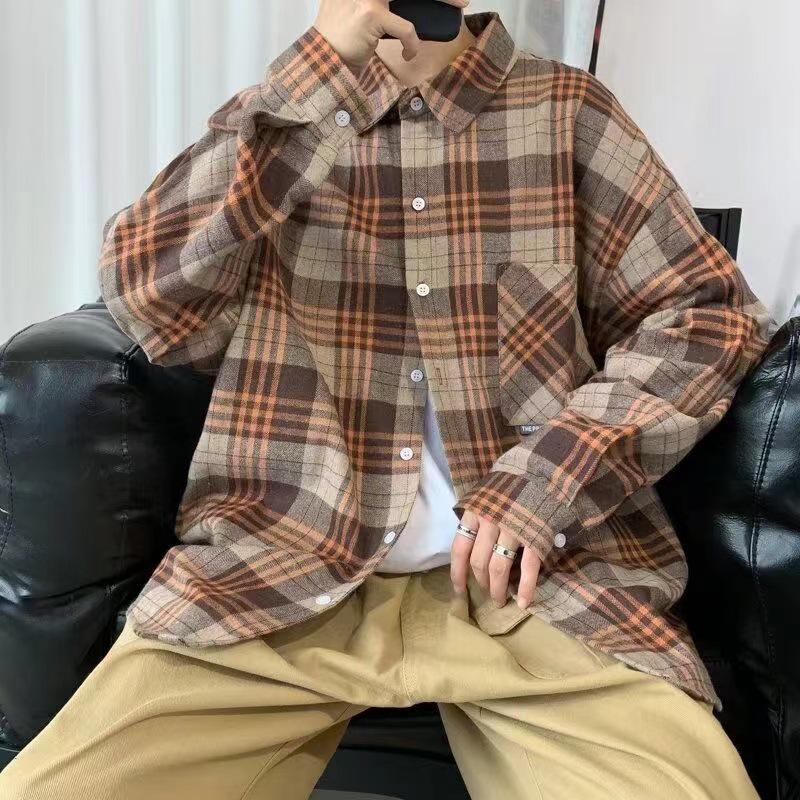 Men's Hong Kong Style Plaid Shirt Autumn Set - High-End Teen Cool & Handsome Outfit