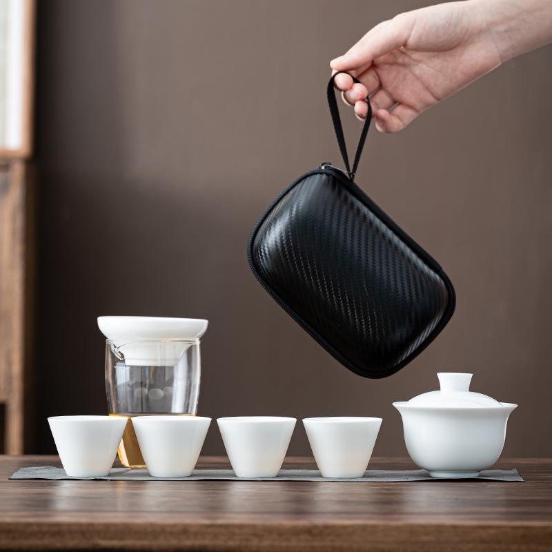 

Travel tea set Suet jade white porcelain Kung Fu tea set Small set Outdoor portable