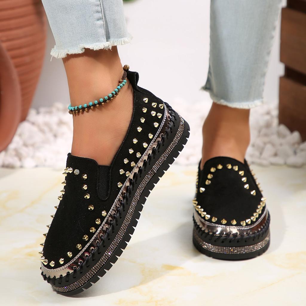 Low Top Toe Silver Rivet Design Casual Shoes Black Flats Suede Lace-Up Couple Sneakers Bottoms Shoes For Women Walking Shoes