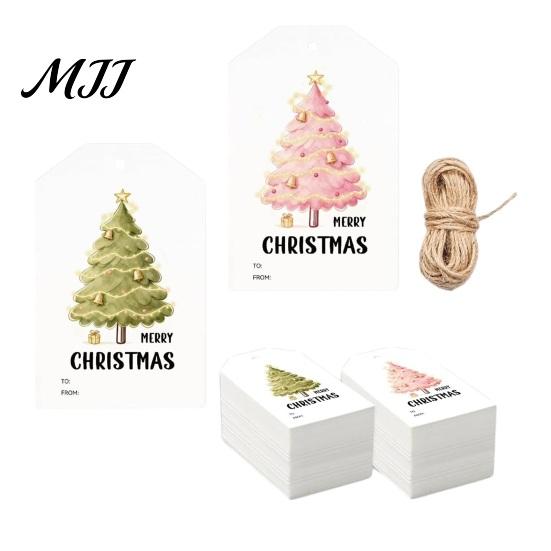 Christmas Package Accessories 60 Pcs Tree Gift Tags with Hemp Rope, Watercolor Xmas Coated Cardboard Winter Holiday Paper Tags, Merry Hanging
