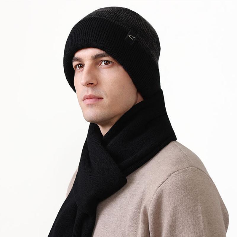 Winter Windproof Warm Knitted Hat Two-Piece Set Velvet Thick Pullover Cap Two-Color Striped Hat Scarf Set