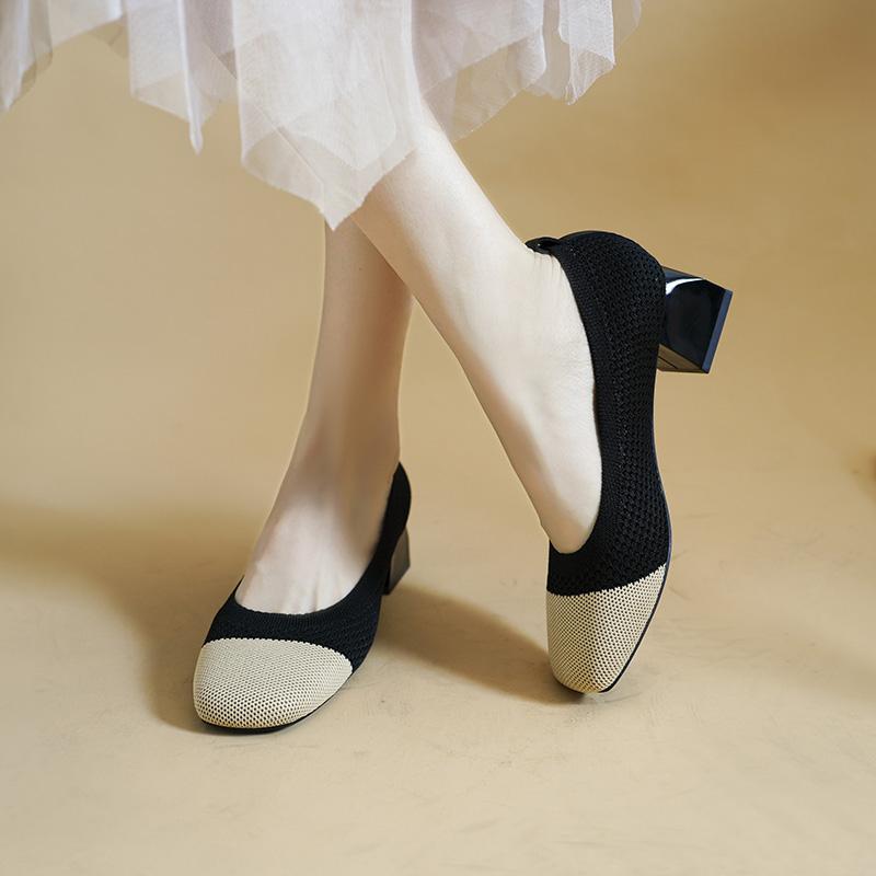 High Heels for Women 2025 New Square Headneck Solid Color All-match Single Shoes Slip On Breathable Knit Women Work Shoes