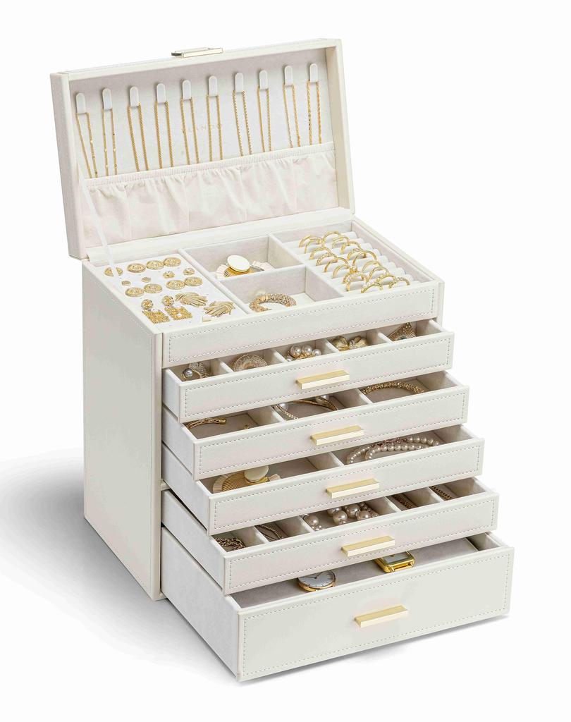 Boîte à bijoux Vlando Grande capacité avec 6 tiroirs pour et Montres Boucles d'oreilles, Colliers, Bagues, (Ivoire)