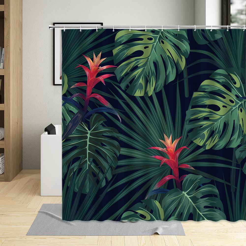 Tropical Plant Green leave Shower Curtain Banana Leaf Monstera Flower Scenery Bathroom Bath Curtains Decor Fabric With Hooks Set