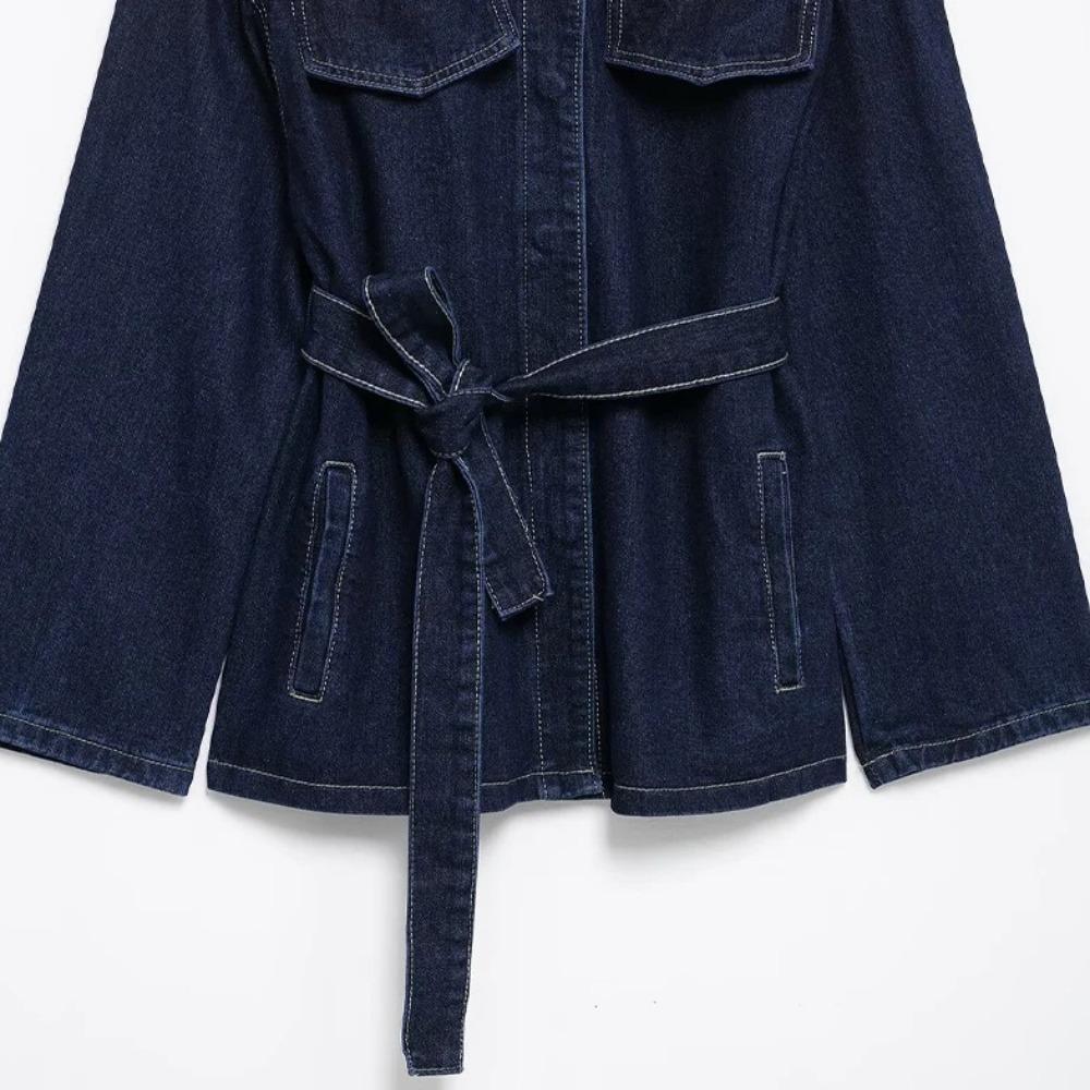 Women Fashion with Belt Denim Blue Single Breasted Jackets Vintage Lapel Neck Long Sleeves Chic Lady Outfits