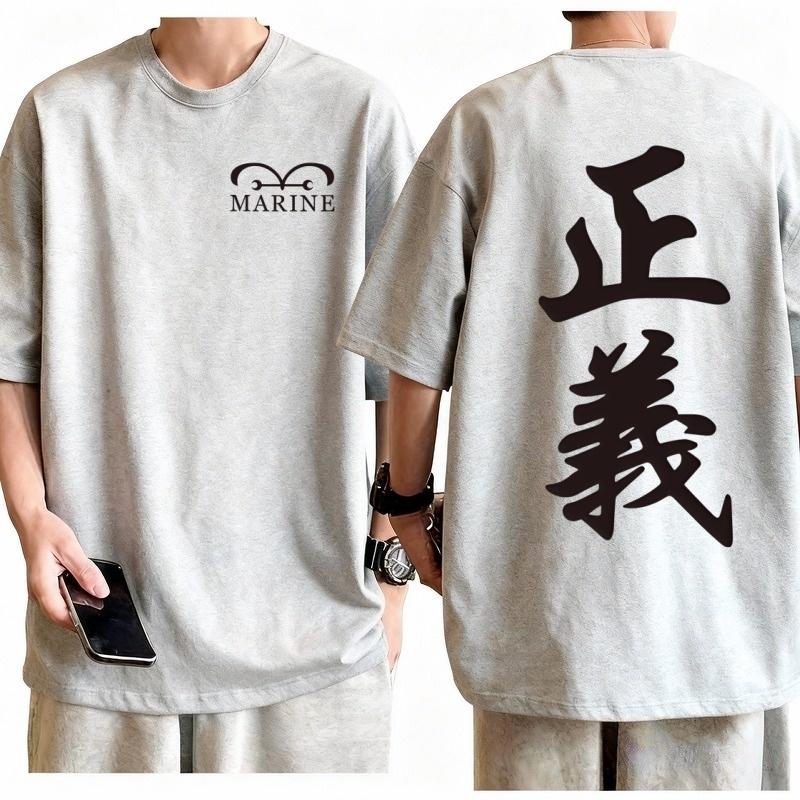 One Piece Marine Justice Harajuku TShirt Men Oversized Cotton Anime Graphic Tee Casual Streetwear Loose Crew Neck Top