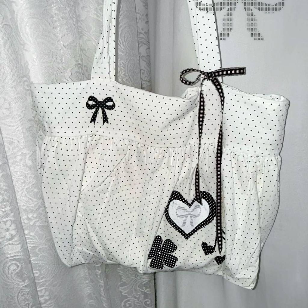 2025 new retro polka dot printed canvas bag cute bow love music note Korean casual shoulder bag tide