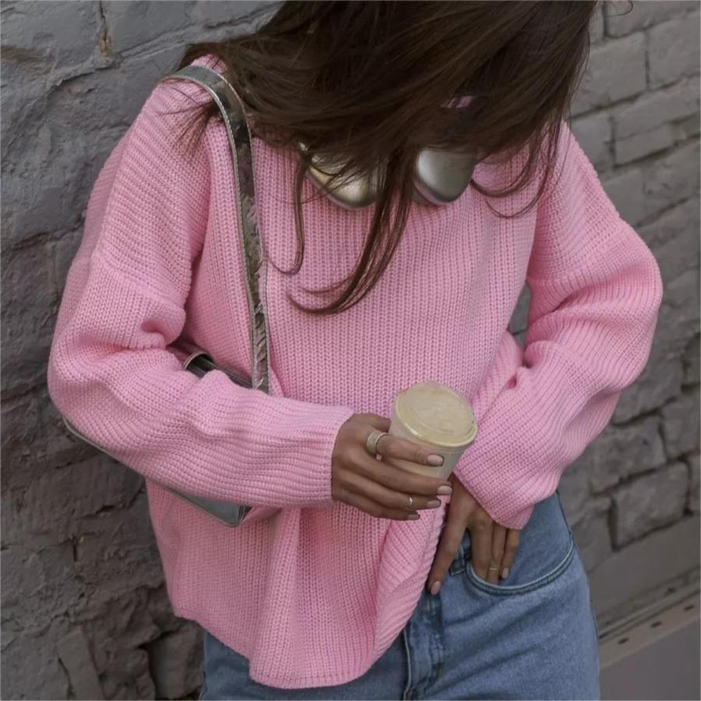 Einfarbiger Rundhals-Pullover Herbst Lockerer Strickpullover Ins Pullover Pullover Damen