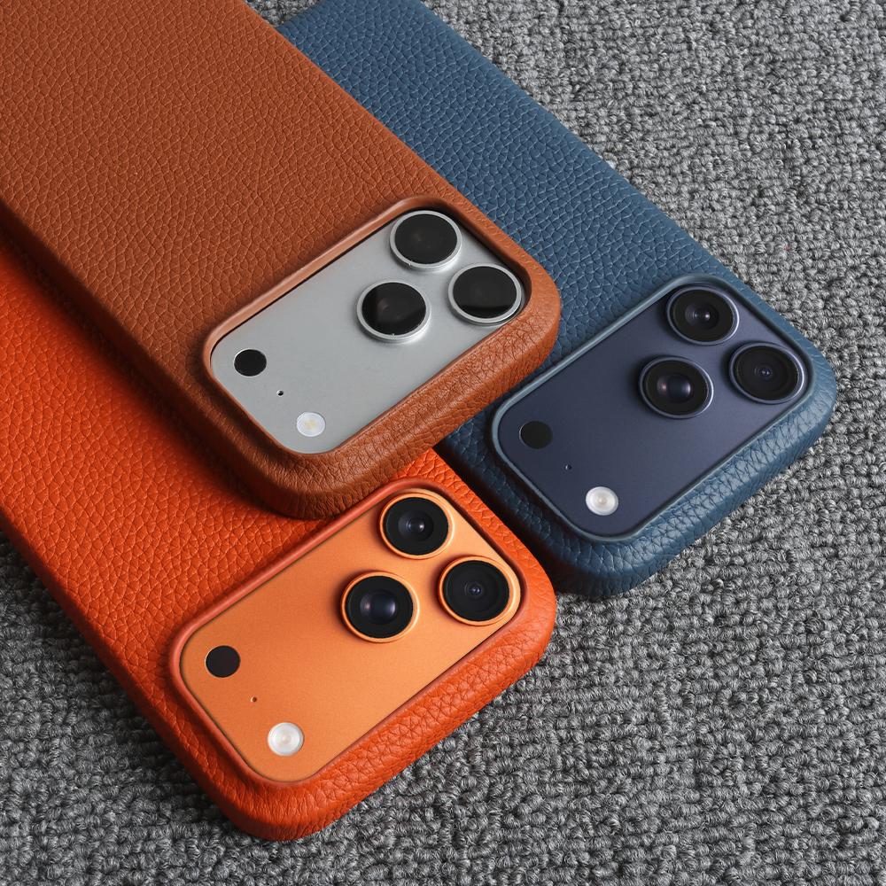 Luxus Echtleder Rindsleder Hülle für iPhone 17 Pro Max 16 15 14 13 12 Natürliches Rindsleder Litschi-Leder Stoßfeste Handyhülle Fundas