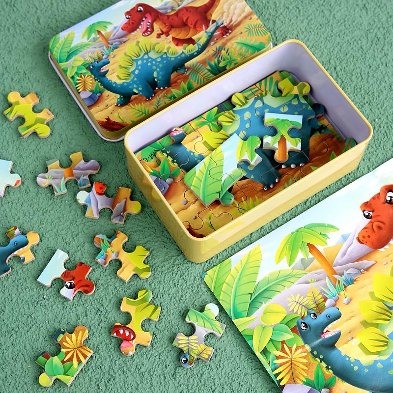 60pcs Jigsaw Cartoon Puzzle With Metal Box, Children's Early Education Animal Vehicle Puzzle, Parent-Child Interaction Game