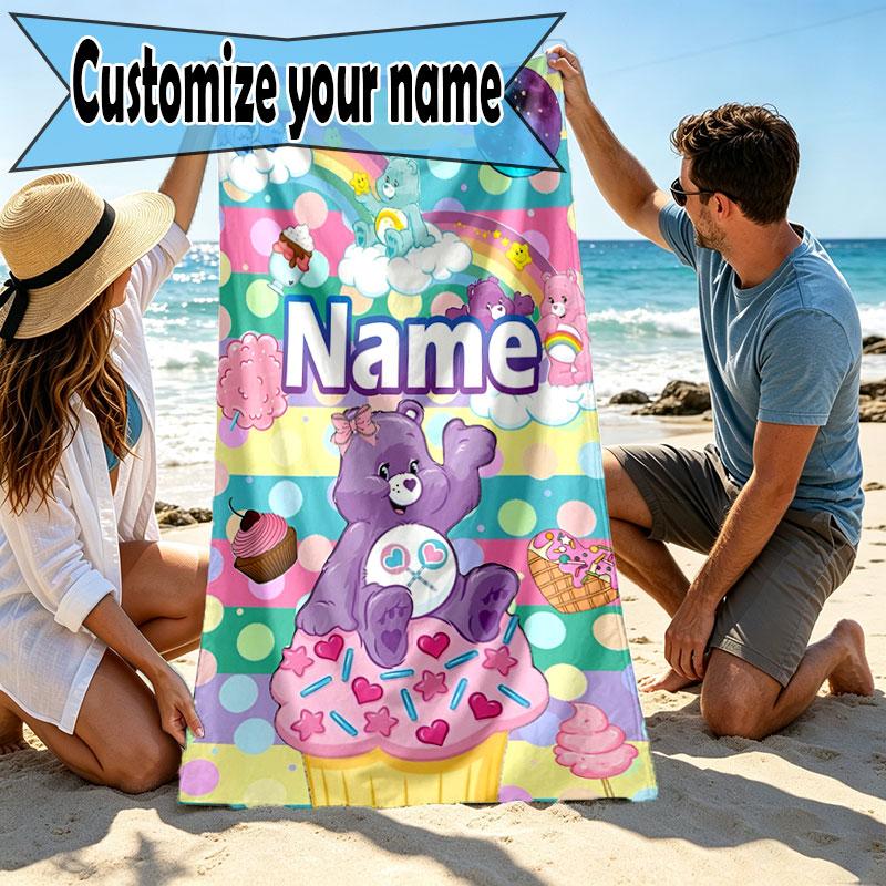 Custom Name Personalized Care Bears Print Beach Towel, for Trip Camping Beach Party Home Decor, Birthday Gift for Family & Friends