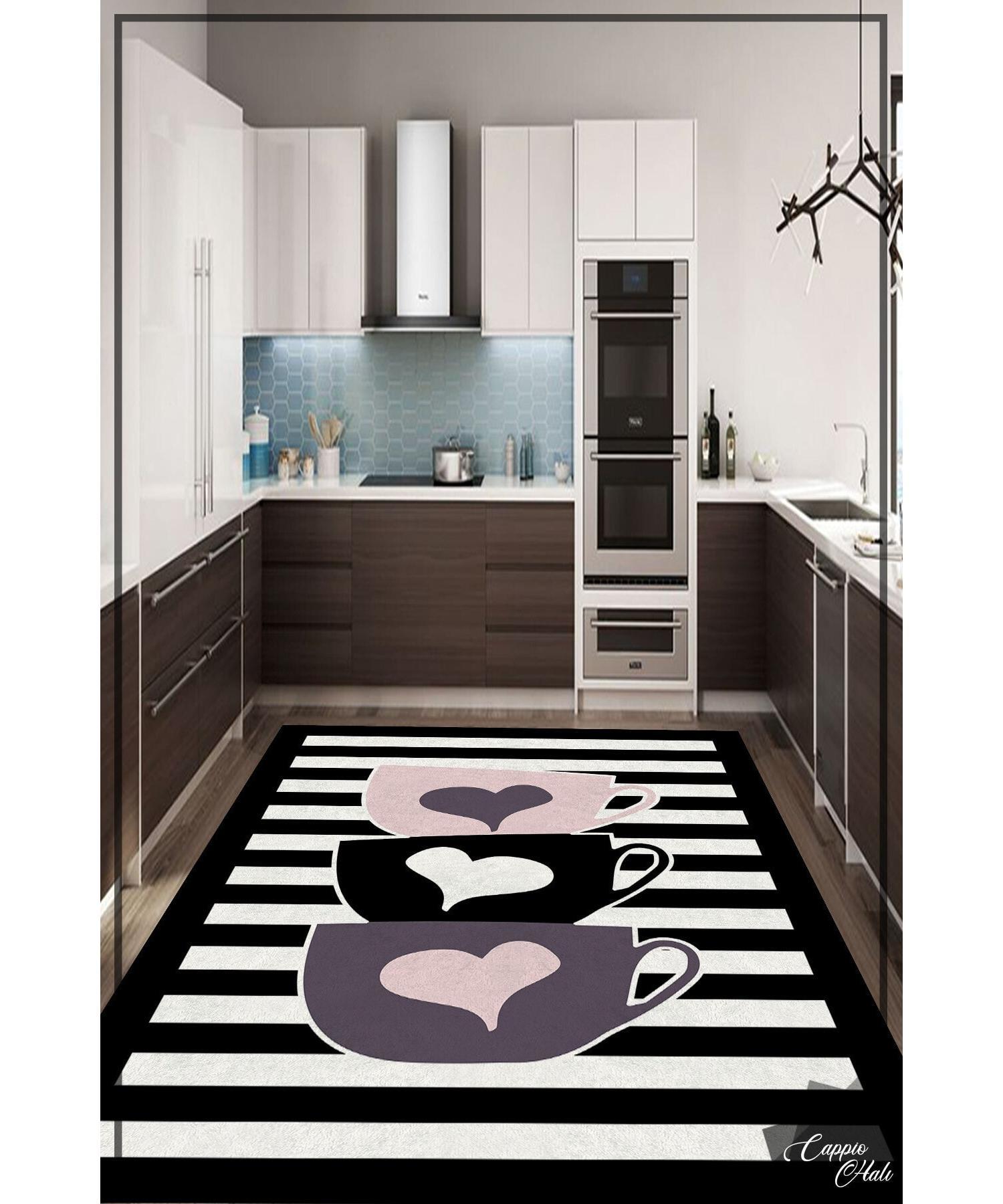 

Черно-белый полосатый ковер с рисунком чашки - Cp901