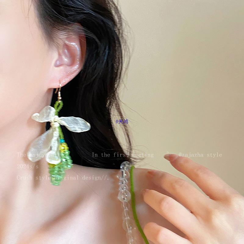 Green Island Beaded Flower Earrings: Spring Dopamine Style, Exaggerated Beach Vacation Jewelry for Women