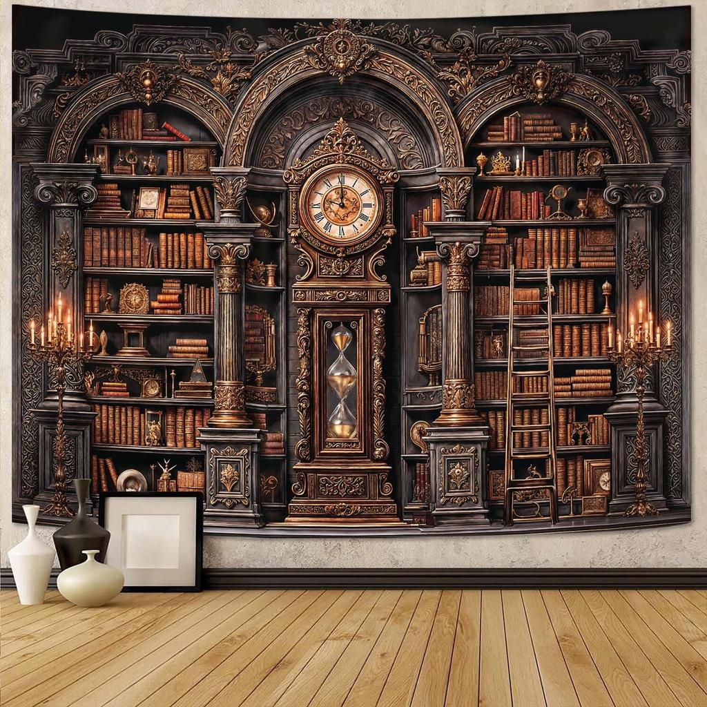 Magic Bookshelf Tapestry Gothic Witchy Potion Plant Tapestries Wall Hanging Window Moon Night Library Backdrop Small Tapestry