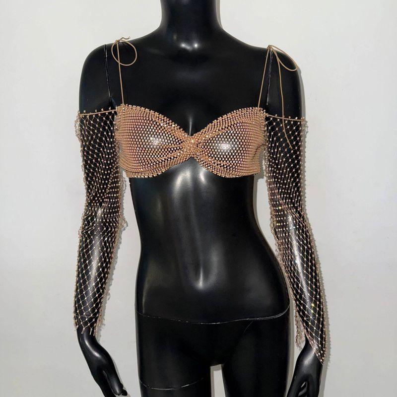 

2026 Новый Кросс-бордер Стиль Сетчатый Топ со Стразами Наряд на День Святого Валентина Американский Стиль Дерзкая Девушка Кружевной Топ на Бретельках для Женщин Gold S