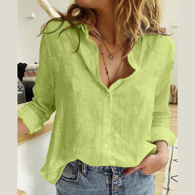 Spring New Solid Casual Loose Long Sleeve Shirts Women Fashion Plus Size Cotton and Linen Blouse Women Tops Button Up Office Simple Female Shirt 26259
