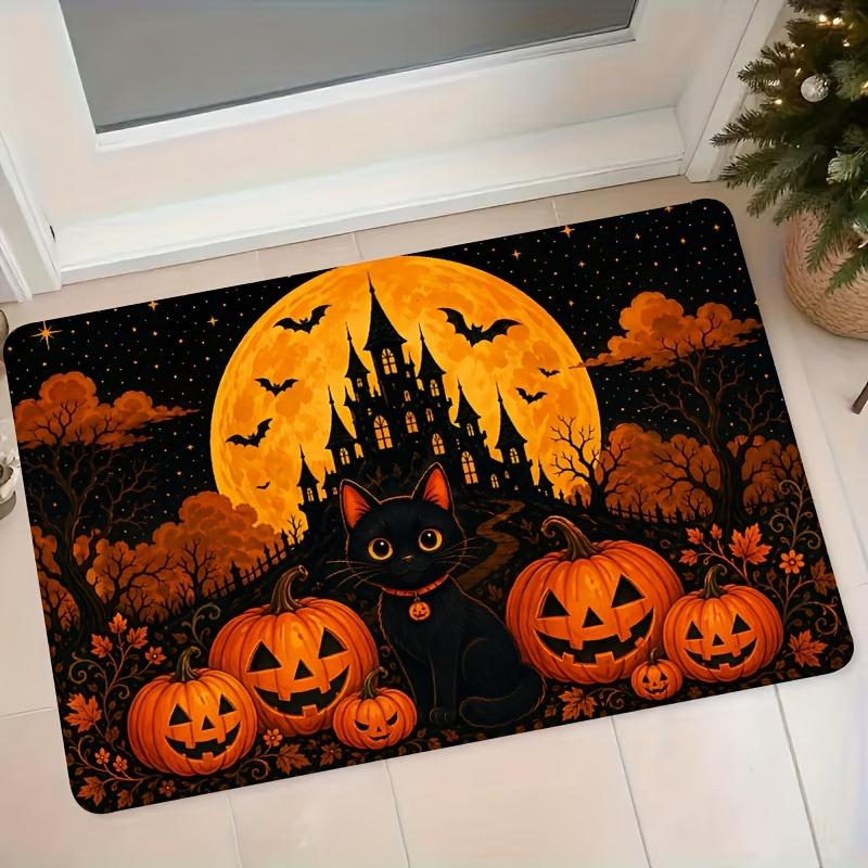 Halloween Dark Castle Suitable for Seasons Non-Slip with Black Cat & Pumpkin - Machine Washable Absorbent Floor Mat Suitable for Entryway, Bedroom, Ba