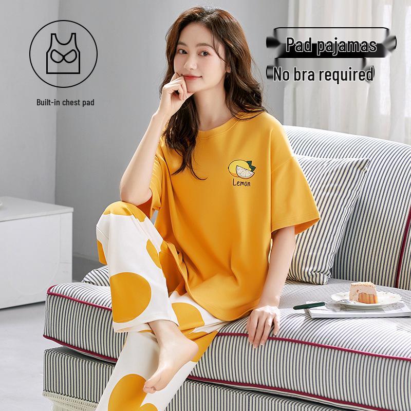 Damski kreskówkowy komplet piżamy z krótkim rękawem i wkładkami na biust - Letni bawełniany długi komplet domowy 2025