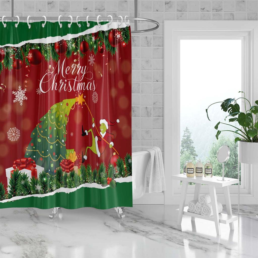 1pc Merry Christmas Print Waterproof Shower Partition Hanging Curtain with 12 Hooks Multiple Sizes Machine Washable