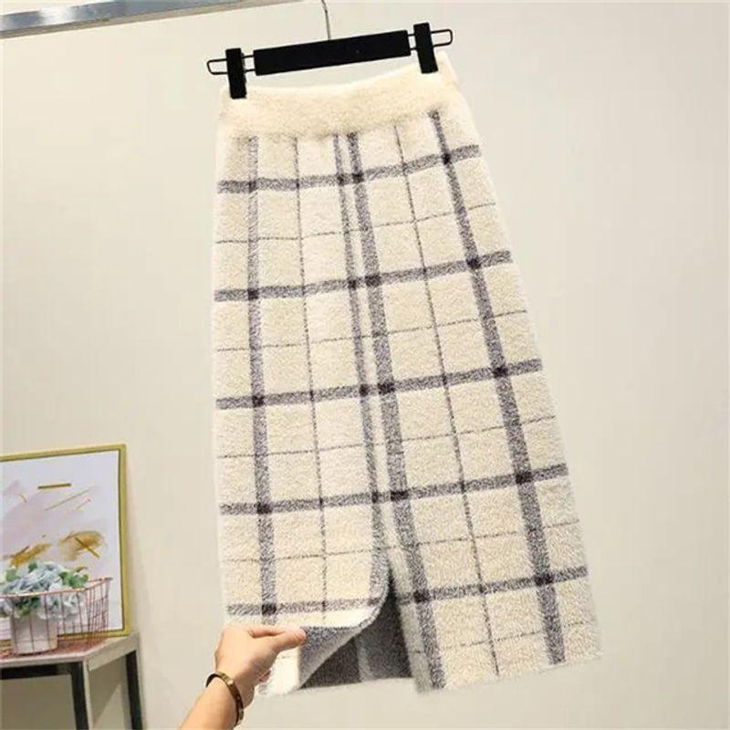 

Casual Plaid Thickened Slit Slim Skirt Casual Thick Checks Slit Slim Fit Skirt White plaid XXL