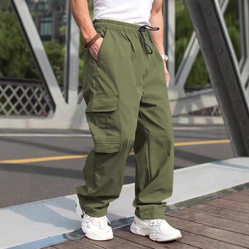 Outdoor commuting multi-pocket tooling trousers, men's summer drawstring elastic waist, wear-resistant straight tactical casual trousers