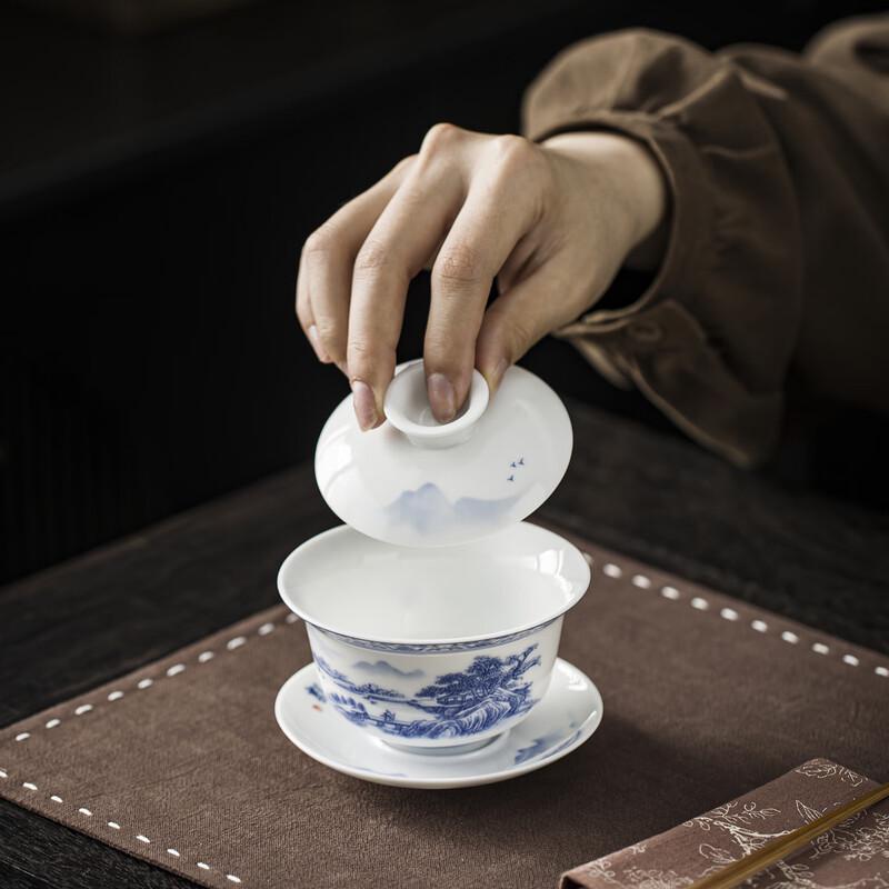 Blue and White Porcelain Lotus Landscape Gaiwan
