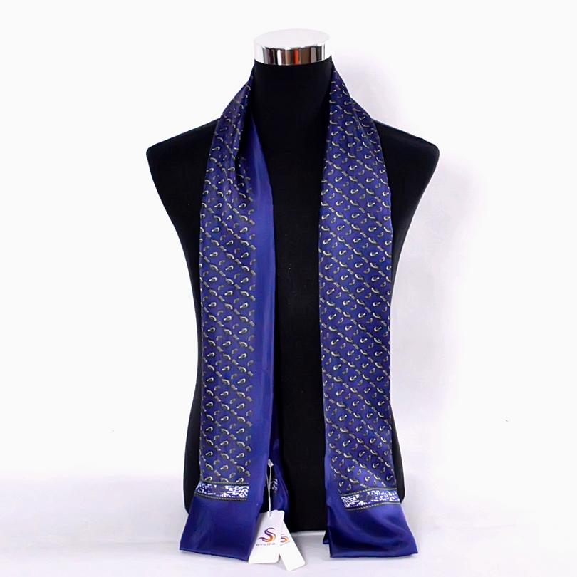 [BYSIFA] Brand Men Silk Scarf Muffler Winter Fashion Accessory 100% Pure Silk Male Plaid Long Scarves Cravat Navy Blue 160*26cm