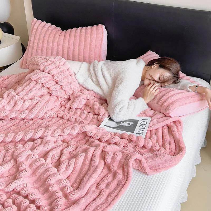 Solid Thickened Wide Striped Flannel Multifunctional Throw Blanket Luxury Faux Rabbit Fur Warm Bed Blankets Sofa Blanket,nap Blanket