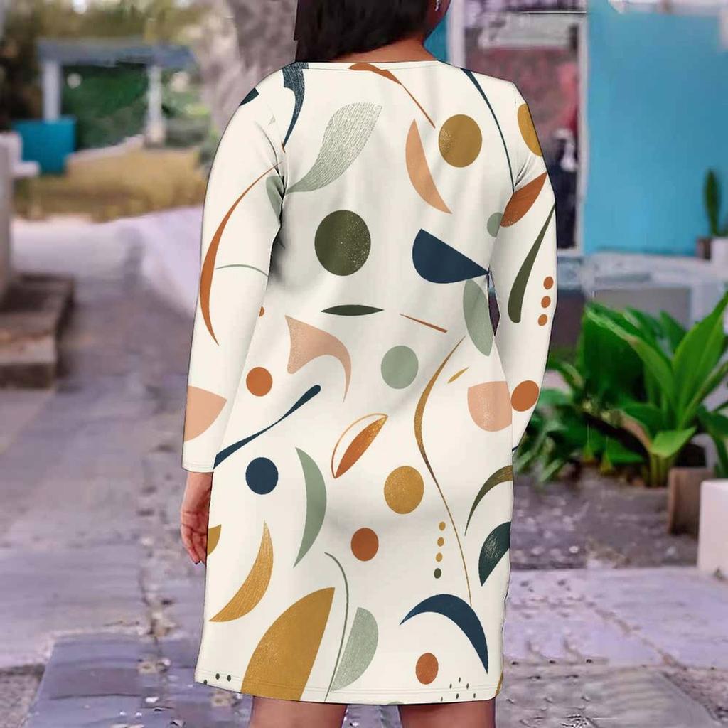 Women Plus Size V Neck Long Sleeve Abstract Printed Fitted Midi Dress