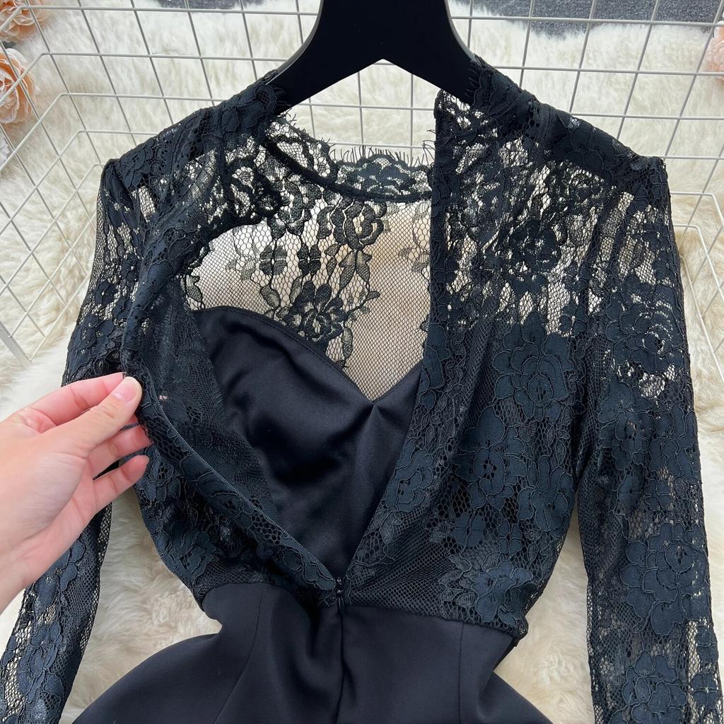 Vysoce kvalitní krajkové šaty Královská sestra Mladá Sexy Perspektivní Dlouhý rukáv Patchwork Slim fit Středně dlouhé Šifonové