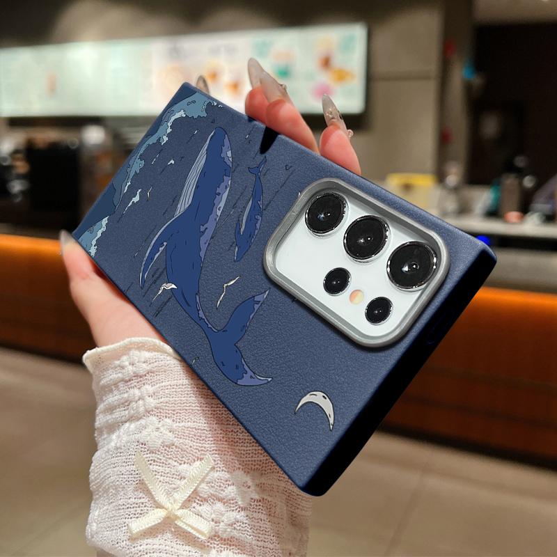 Whale Print Leather Texture TPU Phone Case For Samsung S25 S24 FE S23 Ultra S22 A56 A36 A16 A15 A55 A35 Slim Shockproof Matte Soft Bumper Cover