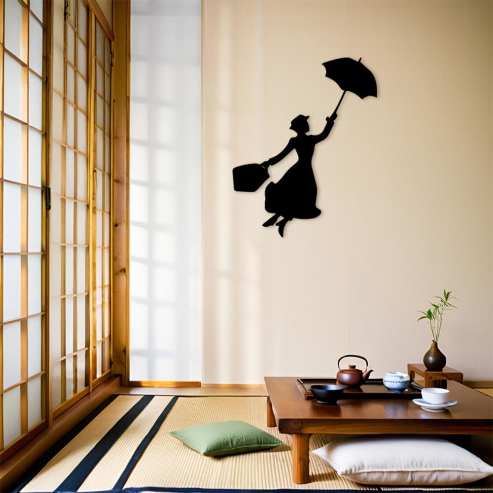 1pc 2D Flat Mary Poppins Silhouette Metal Wall Art Black Decorative Plaque Sign for Living Room Bedroom Study Ambiance Indoor Outdoor Home Decor