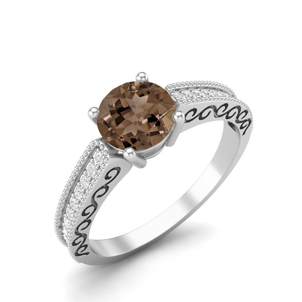 6mm Round Smoky Quartz 925 Sterling Silver Solitaire Accents Women Wedding Ring