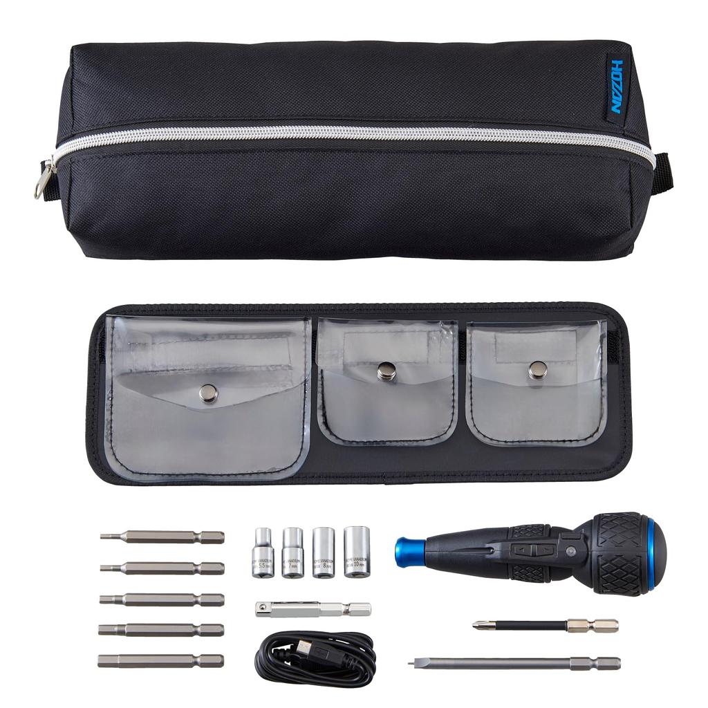 HOZAN Electric Screwdriver Set for Bicycle Includes Nipple Hex and Maintenance, Bits, Bits, Sockets, D-711