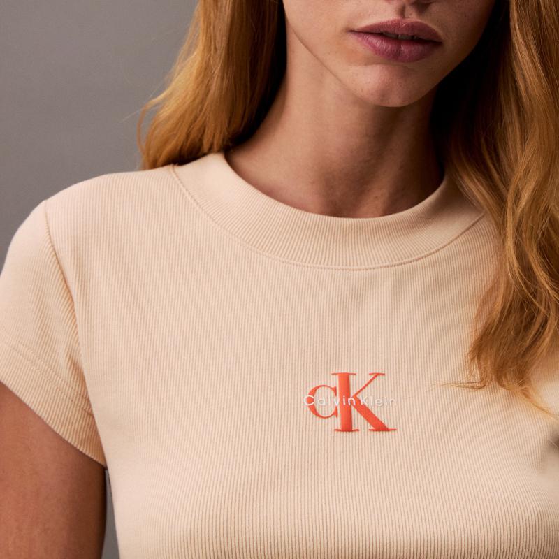 Calvin Klein Vitality Girl Short Ribbed Slim Fit Off-Shoulder Short Sleeve T-Shirt Women Tops 47AB802-RM7