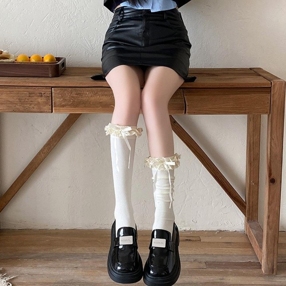 Breathable Winter Compression Stocking Bowknot Bow Middle Tube Socks New Pile Socks  Autumn Winter