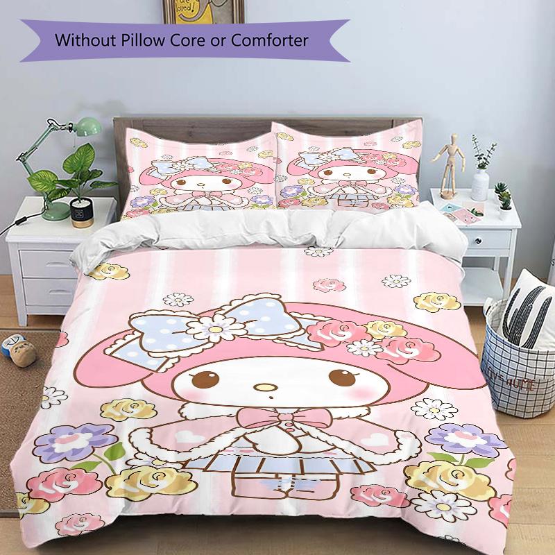 3pcs My Melody's Floral Fantasy Printed Duvet Cover Set (1 * Cover+2 * Pillowcase, Without Core), Suitable for Home Bedroom, Guest Room, Dormitor