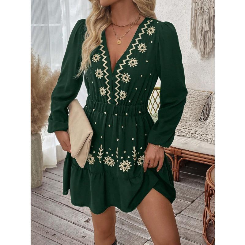 Women Embroidered Long Sleeve Mini Dress V Neck Elastic Waist Boho Style