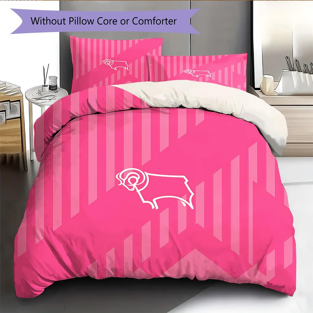Derby County F.C Muster Bettwäsche Steppdecke Set Heimdekoration Geschenk (1 Bettbezug + 2 Kissenbezüge (ohne Füllung))