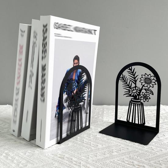1 Pair Flower Metal Bookends Decorative Flower Vase Book Ends for Shelves Black