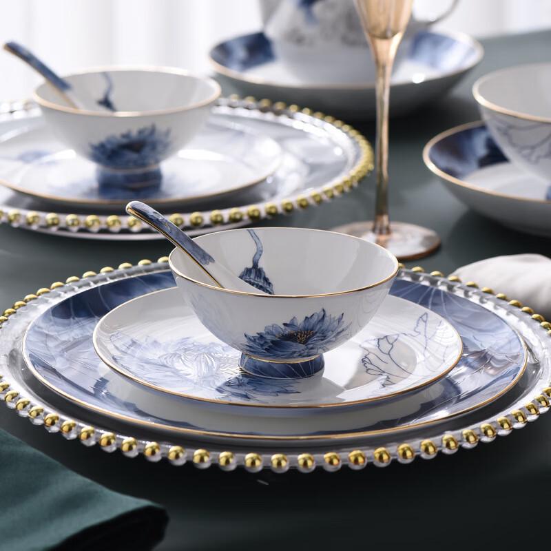 Lingshi Ancient Blue Lotus 80-Piece Bone China Dinnerware Set