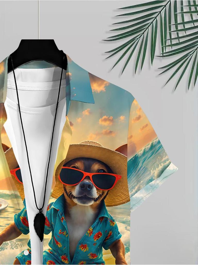 Men'S Casual Hawaiian Shirt, Vibrant Short-Sleeved, Polyester Fabric, Mixed Colors, Multiple Sizes Available, Featuring Surfing Dog Print, Suitable