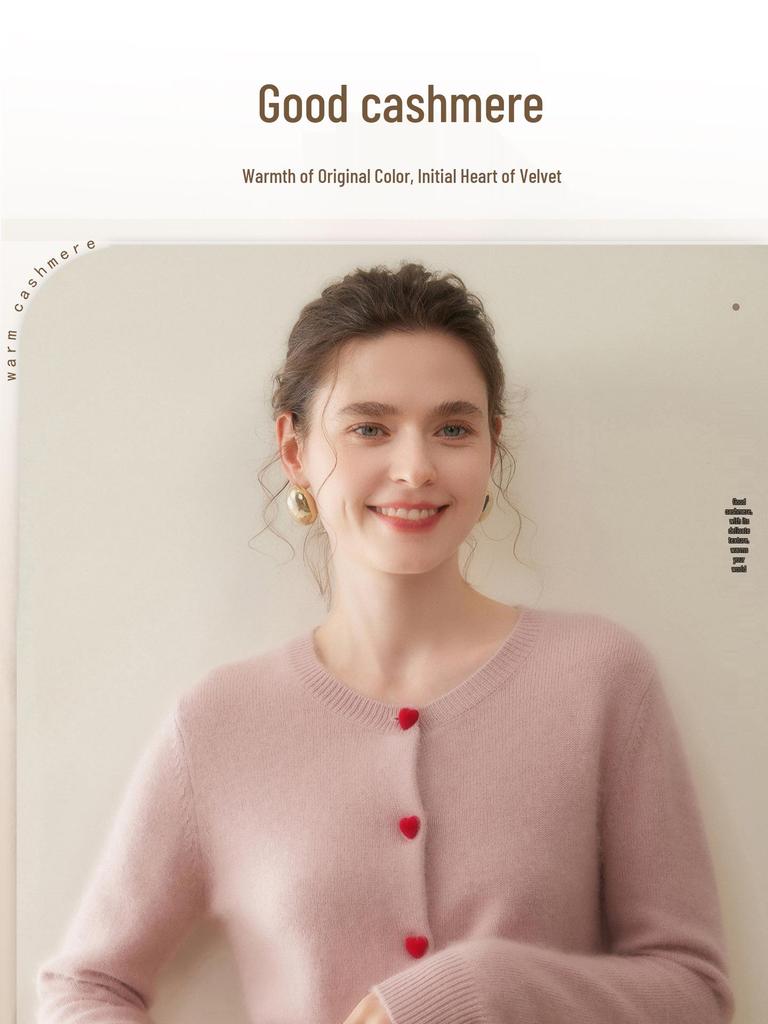 Women's Round Neck Cashmere Cardigan - Soft, Knitted Sweater with Heart Buttons, Versatile Solid Color Top
